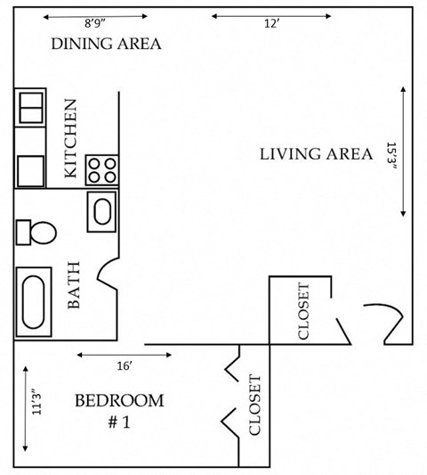 Floor plan for 1 bed, 1 bath, 750 sqft